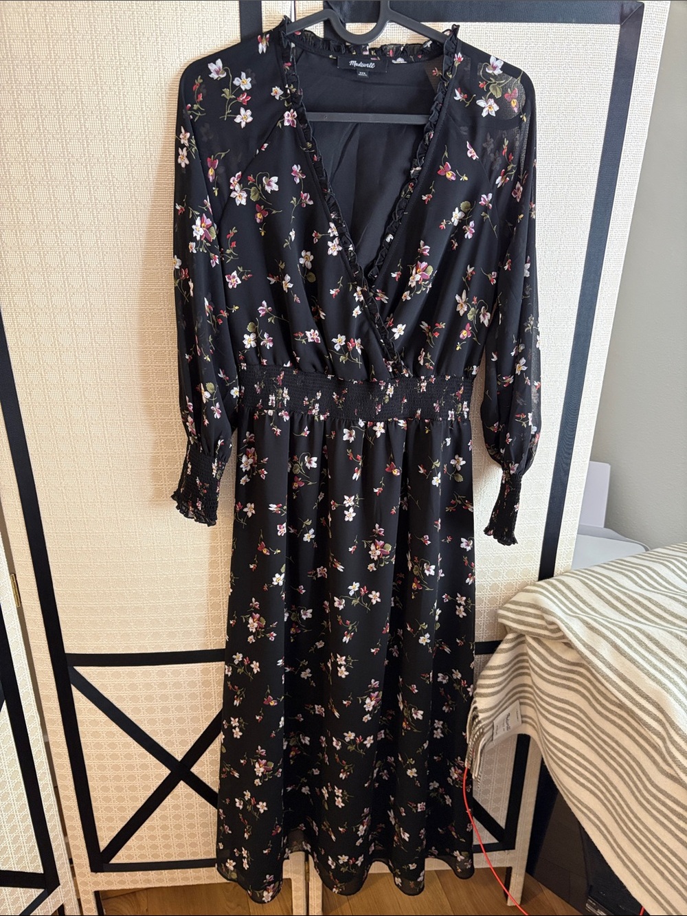 Madewell Black Floral Long Sleeve Wrap Dress